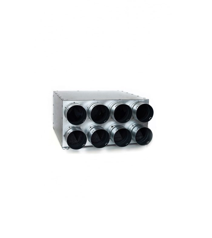 Kolektorinė oro paskirstymo dėžė su akustine izoliacija. Pajungimai: 8 x 75 mm, d160.